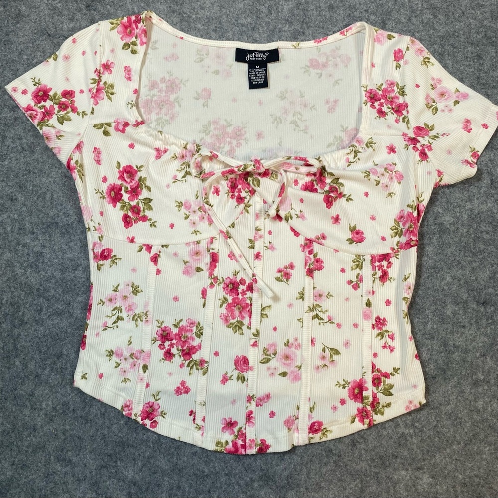 Just Polly New York Floral Ribbed Corset Top Size M White Pink